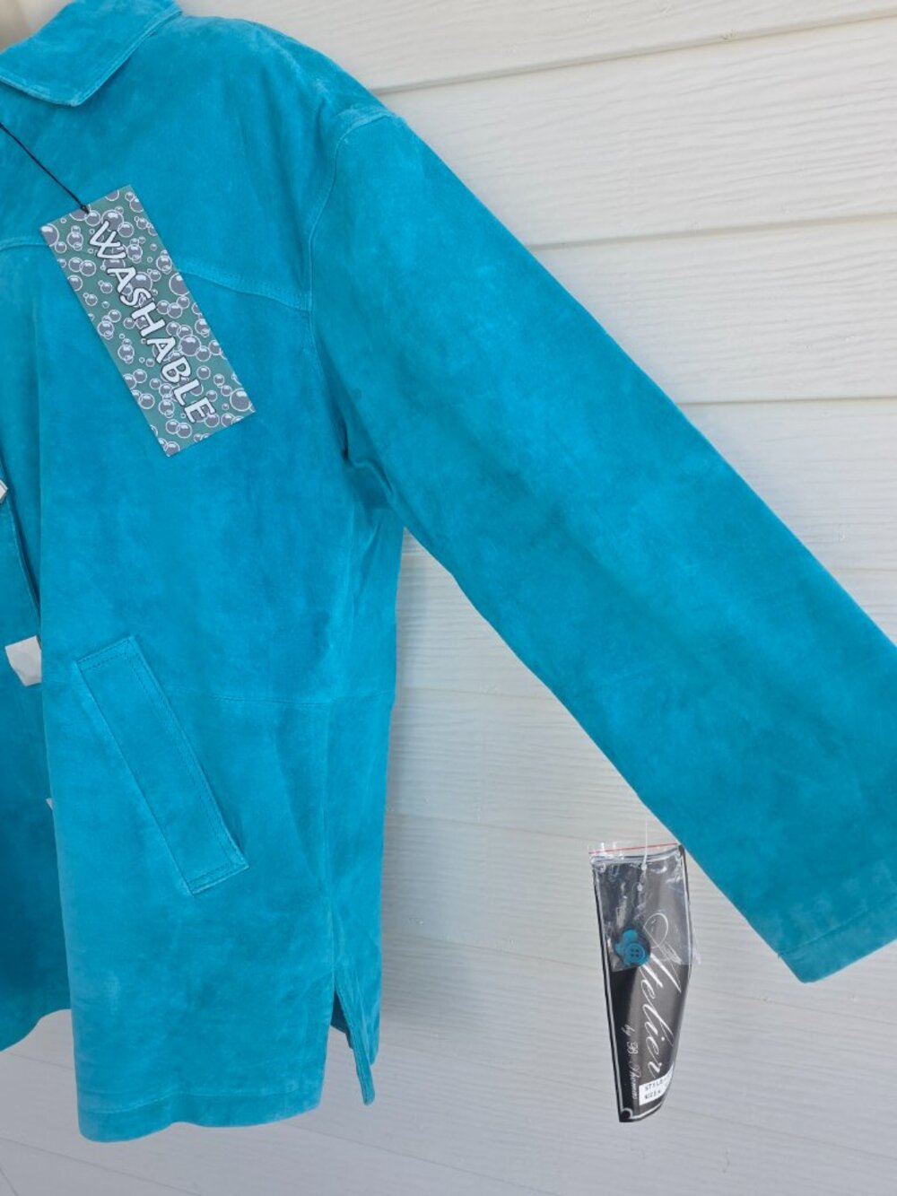 Vintage 90s/ Y2K NWT Atelier by B thomas washable suede leather jacket aqua blue - Picture 4 of 13